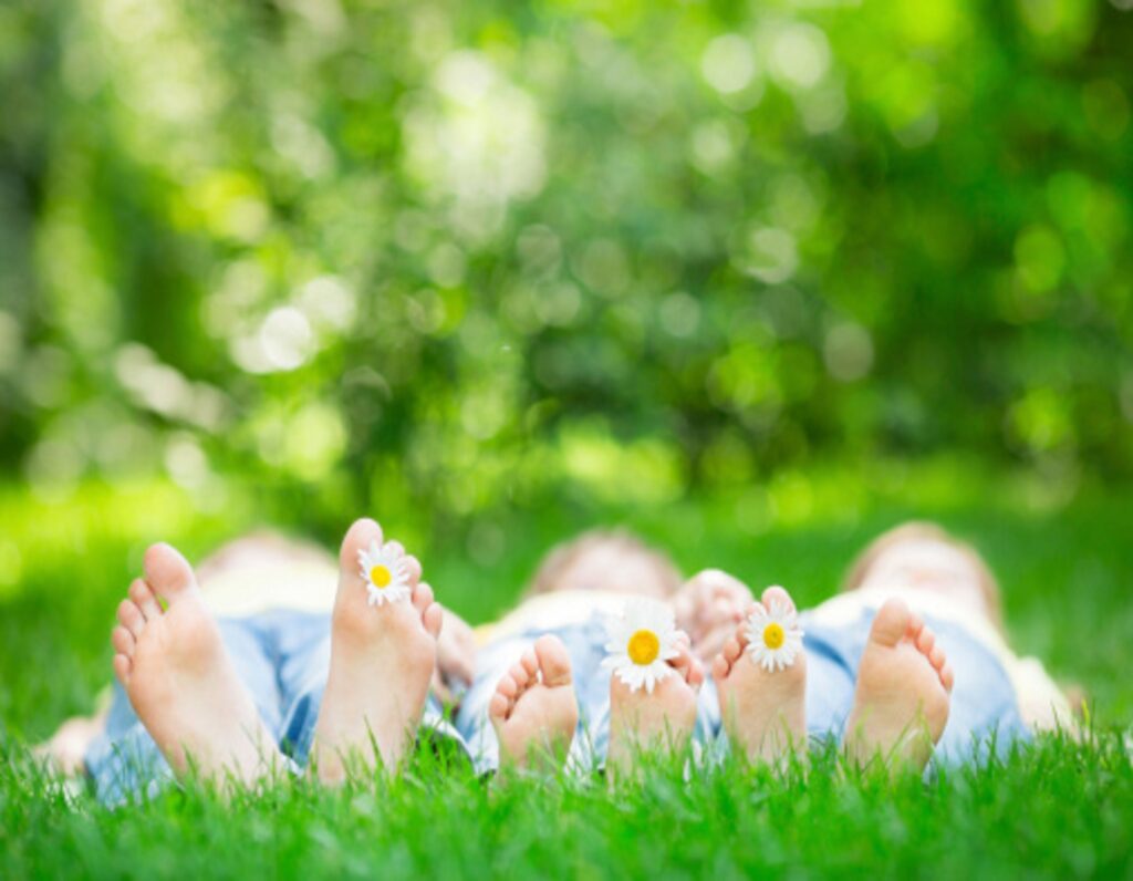 Family lying on grass